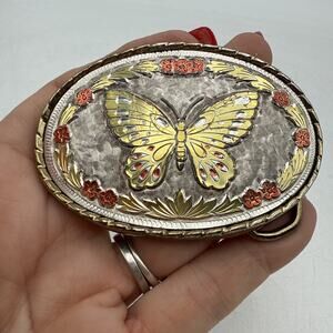 Vintage Belt Buckle Cowgirl Rodeo Butterfly with Flowers Signed W USA Made